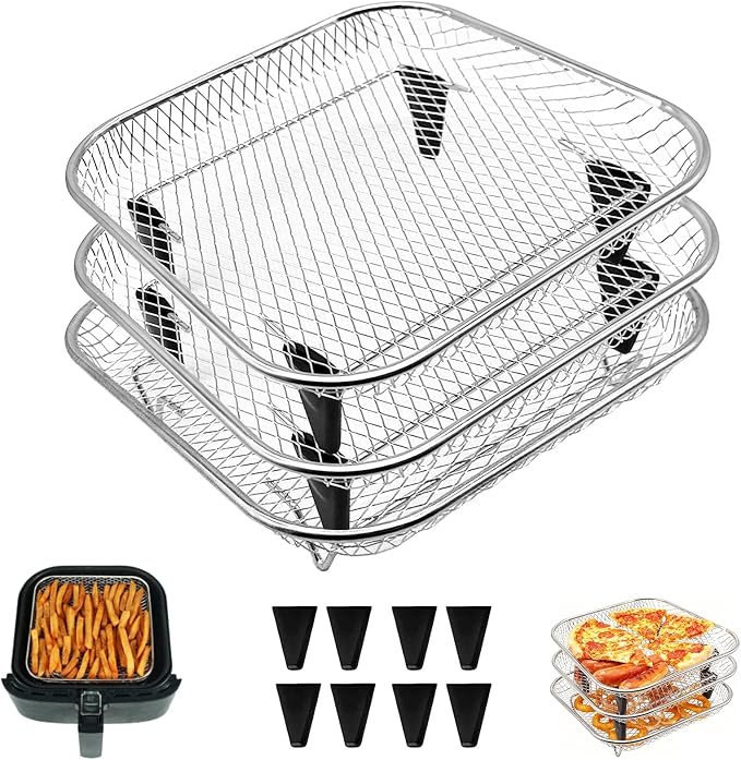 3 Tiers Air Fryer Mesh Baskets, 8×8×1.7 Inch Stackable Square Stainless Steel by GWYXC