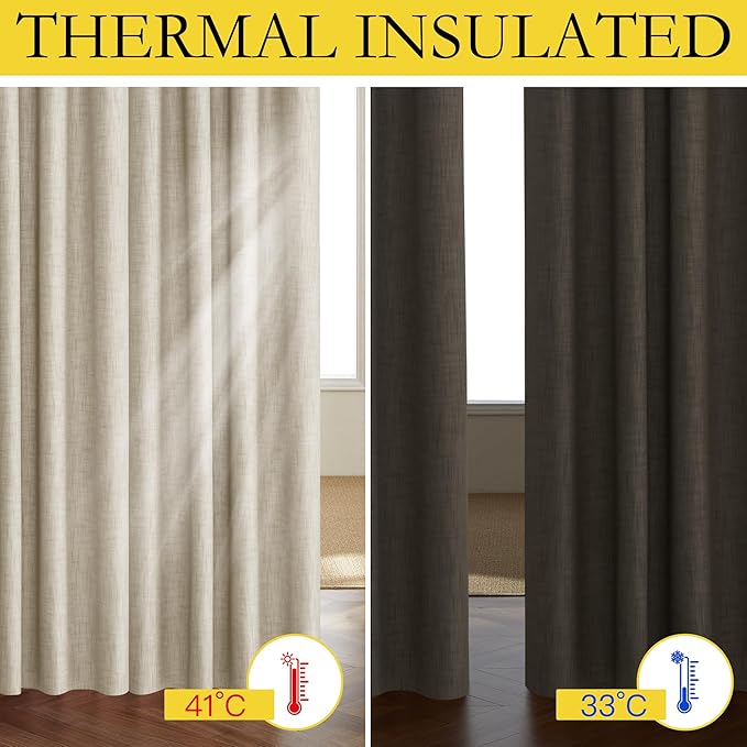 NICETOWN Taupe 100% Blackout Linen Curtains 102 inch Long Burg, Farmhouse Thick Completely Blackout Window Treatment Panels Thermal Insulated Drapes for Living Room (1 Pair, 52" Width Each Panel)