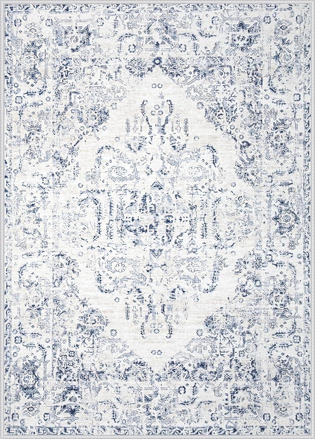 10x14 Area Rugs for Living Room: Washable Rug Vintage Large Rugs Soft Non Slip Low Pile Rug Floral Distressed Floor Carpet for Bedroom Nursery Dining Room Home Office (Blue,10'x14')