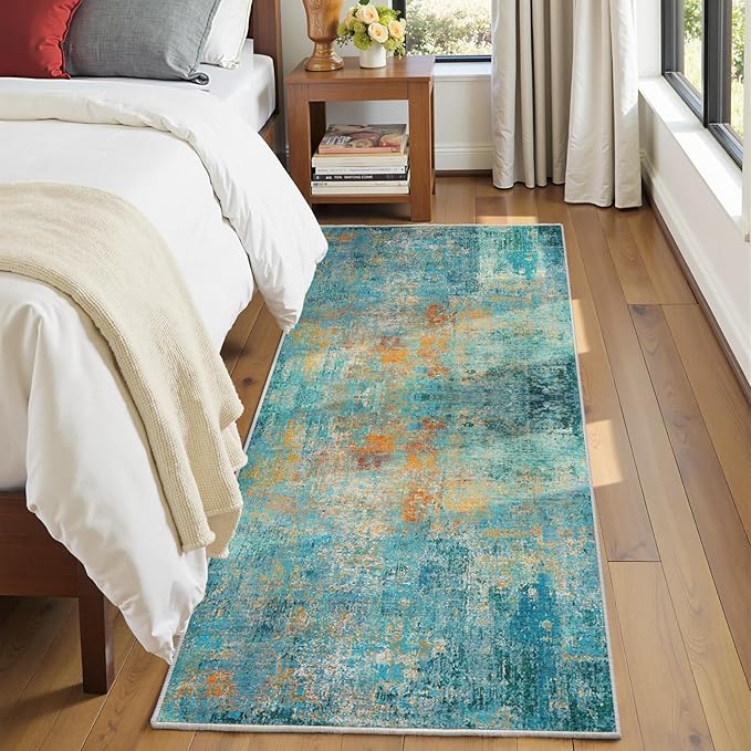Washable Area Rugs 2'x8' Non-Slip Modern Abstract Soft for Living Room Entryway Bedroom Nursery, Print Pattern, Teal Blue Green Orange Rust Red Coloreful