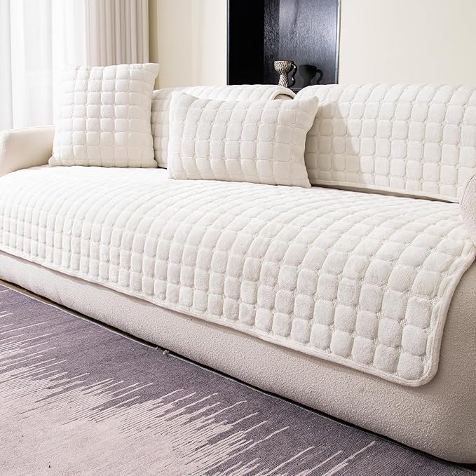 Velvet Couch Cover, Washable Sectional Sofa Cover, Anti Slip Sofa Slipcover for 3 Cushion Couch Sofa L Shaped Armrest Backrest, Furniture Protector Covers for Pets Kids(White, Only 1 PCS)