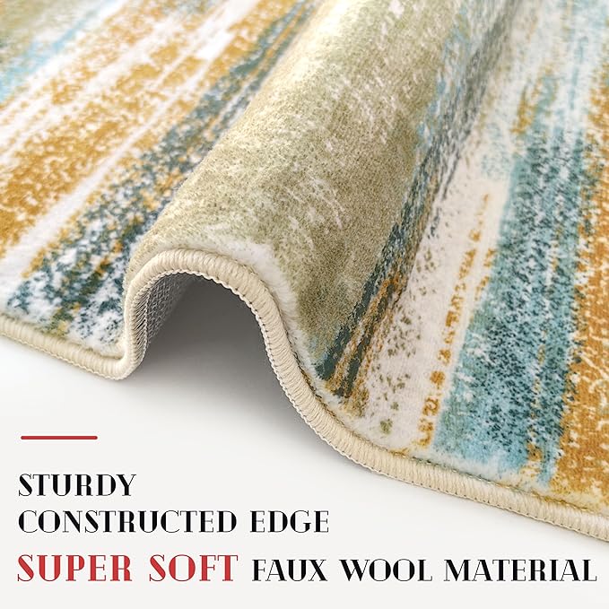 Lansny Modern Abstract Runner Rug 2.6x8, Green Mustard Multi Washable Kitchen Runner Non-Slip Soft Hallway Rug Runner Thin Print Faux Wool Carpet for Entryway Bedroom Laundry Room Indoor