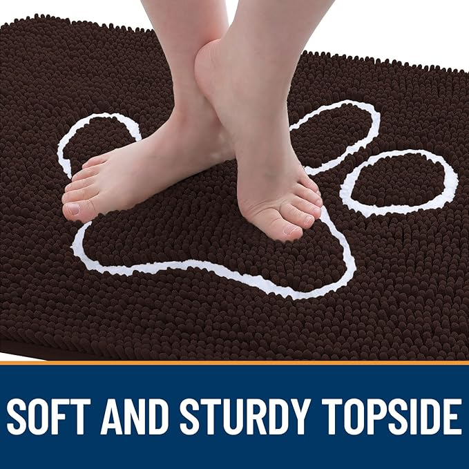 OLANLY Dog Door Mat for Muddy Paws 47x17, Paw Print Design, Absorbs Moisture and Dirt, Absorbent Non-Slip Washable Doormat, Quick Dry Chenille Mud Mat for Dogs, Entry Indoor Entryway Carpet, Brown