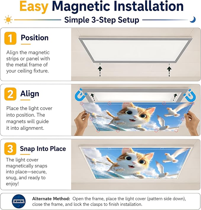 2 Pack Cute Surfing Cat Decorative Ceiling Light Covers, Magnetic 4x2 Ft - Image 7