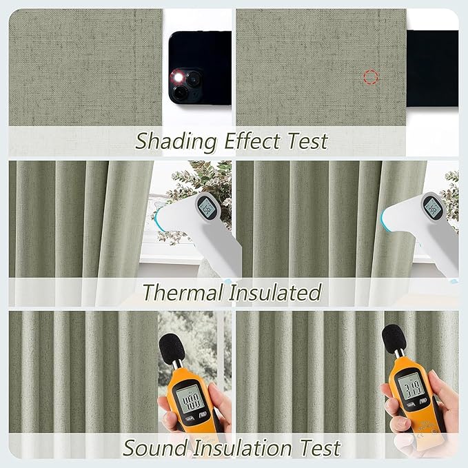 Sage Green 100% Blackout Curtains 45 Inch Length 2 Panels Set for Living Room Bedroom Back Tab Thermal Insulated Black Out Linen Drapes Room Darkening Window Curtains 52x45