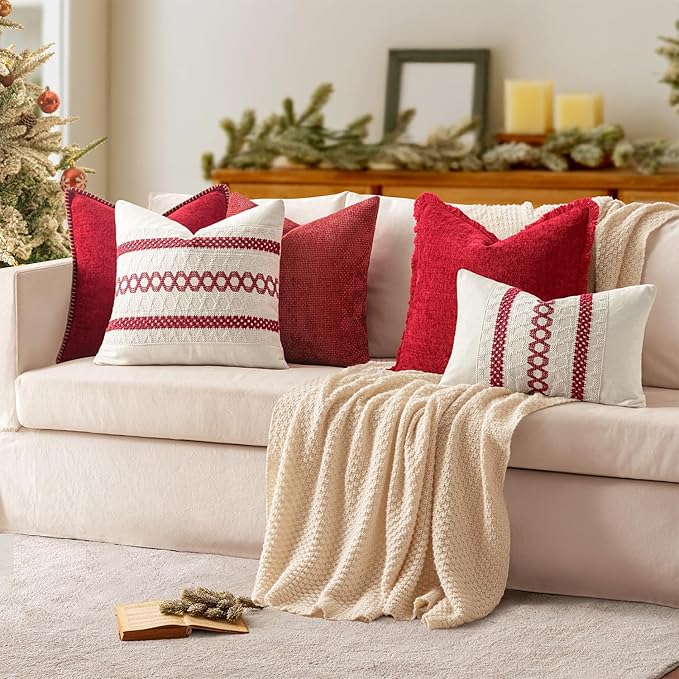 MIULEE Pack of 2 Christmas Pillow Covers 24x24 Inch Red Farmhouse Decorative Throw Pillow Covers with Stitched Edge Soft Chenille Solid Dyed Couch Pillow Covers for Sofa Bed Living Room