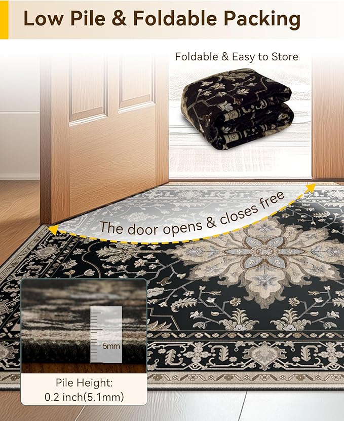 Area Rugs 4'x5' Washable Non-Slip, Floral Vintage Distress Print Pattern Medallion Carpet for Living Room Bedroom Dining Room, Black Brown Neutral Dark Tan