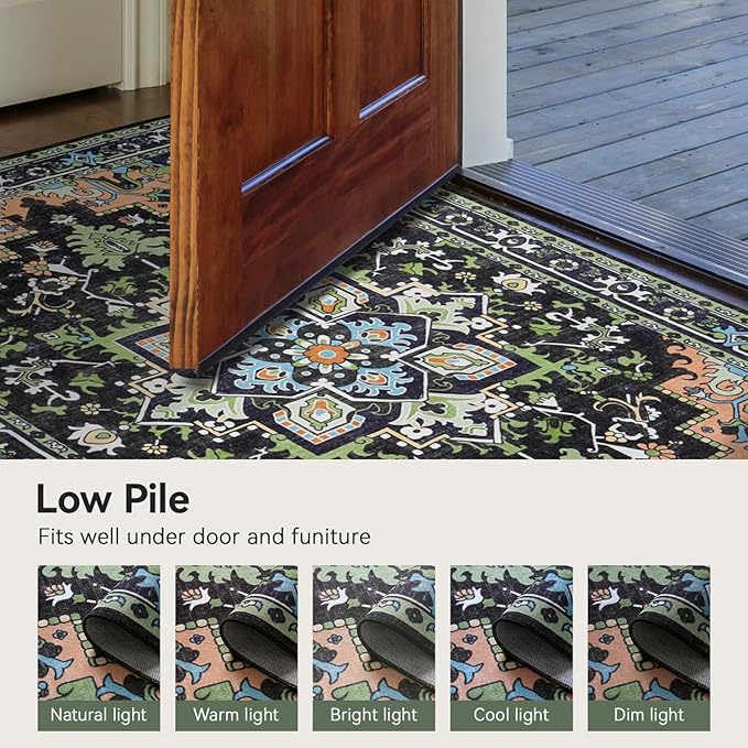 Lofus 8x10 Area Rugs, Large Area Rug for Living Room, Floral Washable Area Rug for Bedroom, Office, Dining Room, Non-Slip Vintage Boho Rug, Low-Pile Soft Carpet, Traditional Oriental Style, Dark Green