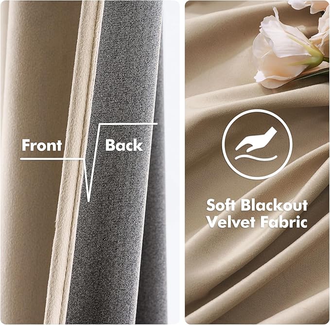 MIULEE 2 Panels Blackout Velvet Curtains Solid Soft Grommet Camel Beige Curtains Thermal Insulated Soundproof Room Darkening Drapes for Living Room Bedroom 52 x 84 Inch