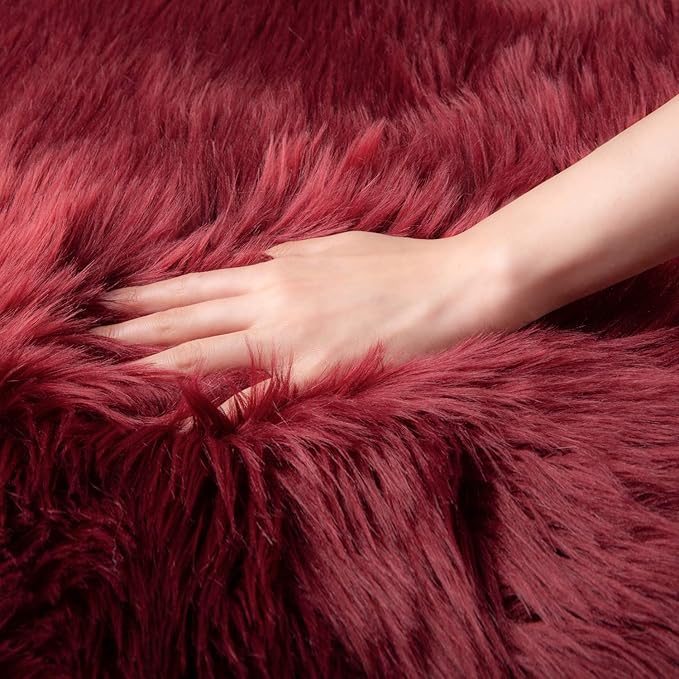 Ashler Faux Fur Rug, Deep Red Area Rugs, Fluffy Sheepskin Fur Rug, Fuzzy Ultra Soft 2 x 6 Ft Rugs, Machine Washable Shag Rug, Nursery Throw Rugs for Bed, Living Room