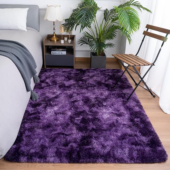 Goideal Fluffy Rug for Bedroom Living Room, 3x5 Purple Area Rugs, Faux Fur Shag Modern Carpet Ultra Soft Girls Boys Room Home Decor, Tie-Dyed