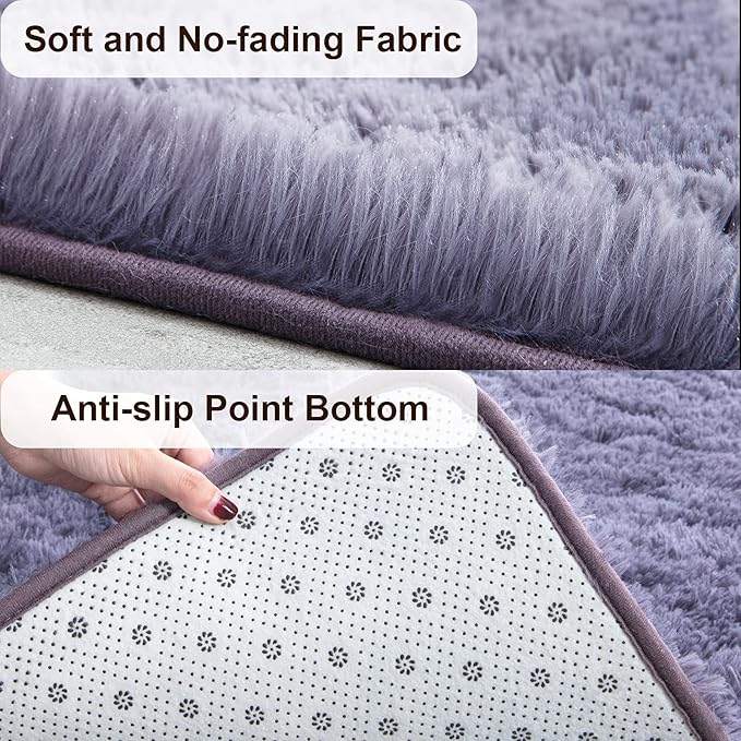 TWINNIS Super Soft Shaggy Rugs Fluffy Carpets 8x10 Feet, Indoor Modern Plush Area Rugs for Living Room Bedroom Kid Room Nursery Home Decor, Upgrade Anti-Skid Rectangular Fuzzy Rug, Grey Purple