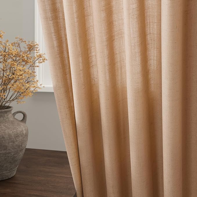 Camel Linen Curtains 90 Inch Length 2 Panels Set for Living Room Rod Pocket Back Tab Window Drapes Light Filtering Elegant Farmhouse Curtain 90 Inches Long for Dining Room Bedroom Nursery 52x90