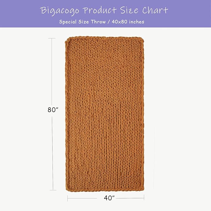 Bigacogo Chunky Knit Throw Blanket for Couch, 40x80 inches, 100% Hand Knitted with Thick Jumbo Chenille Yarn, Cozy Soft Large Rope Knot Cable Crochet Blankets for Sofa Bed Living Room, Burnt Orange