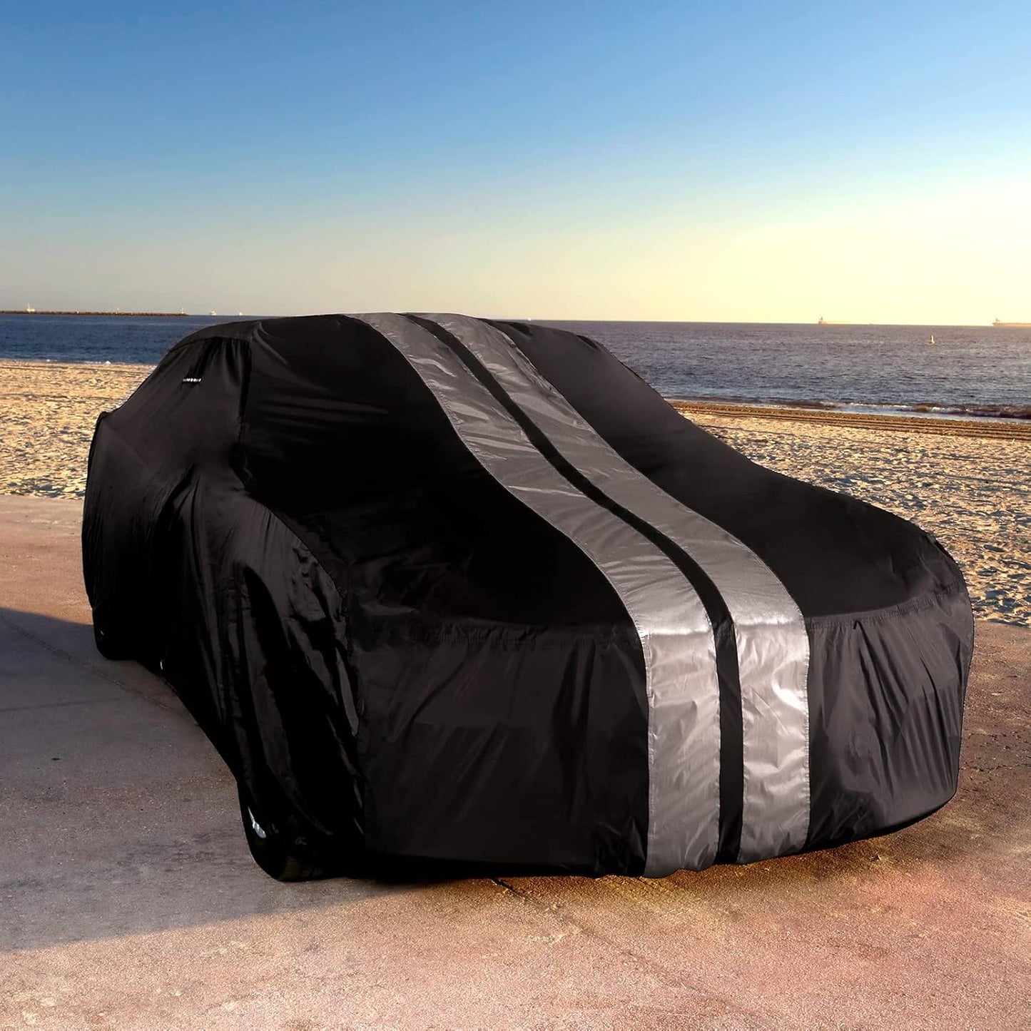 iCarCover Custom Car Cover Compatible with Mustang 1979-2004, Waterproof All Weather Rain Snow UV Sun Protector Full Exterior Indoor Outdoor Car Covers, Stripe (Black/Gray)