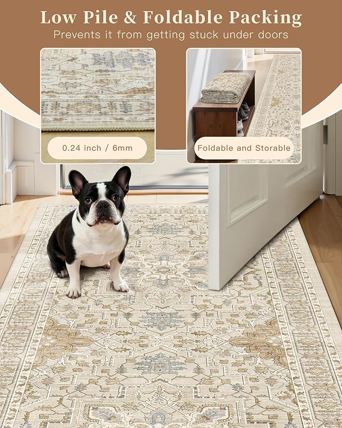 Madane Area Rug 3x5, Entryway Washable Vintage Runners Bedroom Non Slip Indoor Kitchen Runner for Living Room Laundry Room Playroom Soft Non-Slip Area Rugs, Beige/Blue