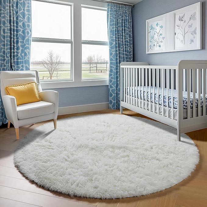 ONASAR Cream White Round Area Rugs 6ft, Fluffy Soft Bedroom Circle Rug Floor Mat for Kids Girls Boys Teen Room, Fuzzy Plush Shaggy Carpet for Baby Nursery Living Room Playroom Dorm Home Decor