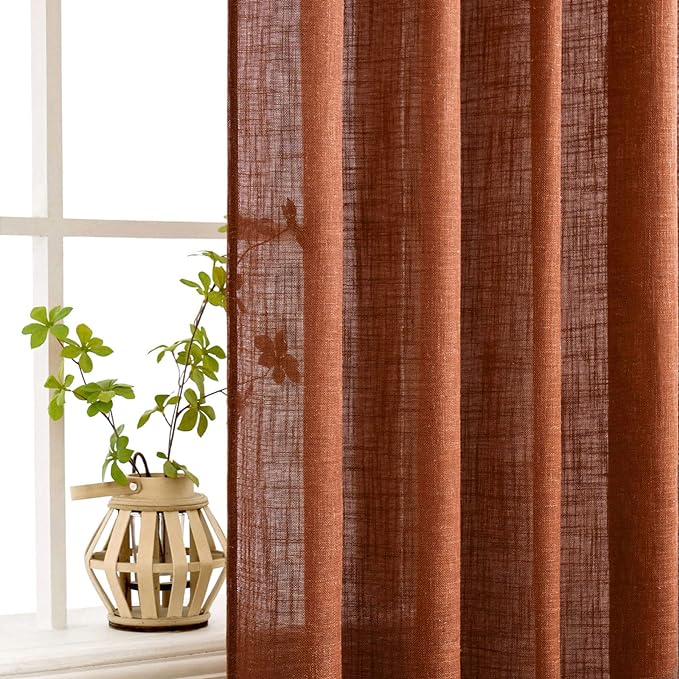 MIULEE Burnt Orange Linen Curtains 96 Inch Long for Bedroom Living Room, Soft Thick Linen Textured Window Drapes Terracotta Rust Boho Fall Decor Semi Sheer Light Filtering Back Tab 2 Panels