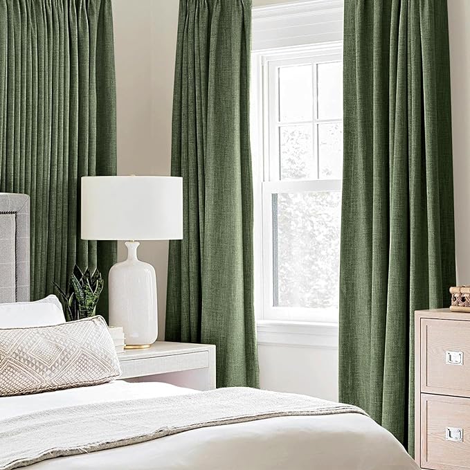 MIULEE 100% Blackout Linen Textured Curtains for Bedroom Solid Thermal Insulated Olive Green Grommet Room Darkening Curtains & Drapes Luxury Decor for Living Room Nursery 52 x 72 Inch (2 Panels)