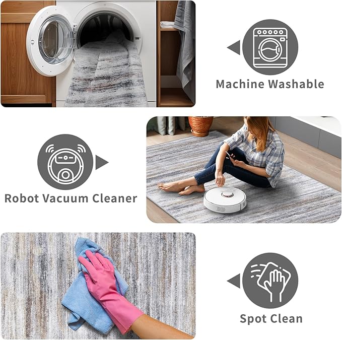 4x12 Runner Rug for Wide Hallway: Long Washable Runners for Entryway Living Room Dining Room - Stain and Water Resistant Rugs with Non-Slip Backing - Soft Low-Pile Carpet Beige Grey