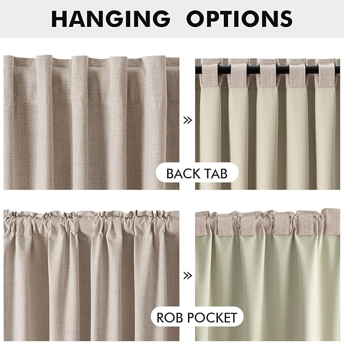 MIULEE 100% Blackout Linen Curtains for Bedroom, Beige Solid Luxury Decor Thermal Insulation Room Darkening Drapes for Living Room Nursery Back Tab Rod Pocket 42 x 63 Inches, 2 Panels