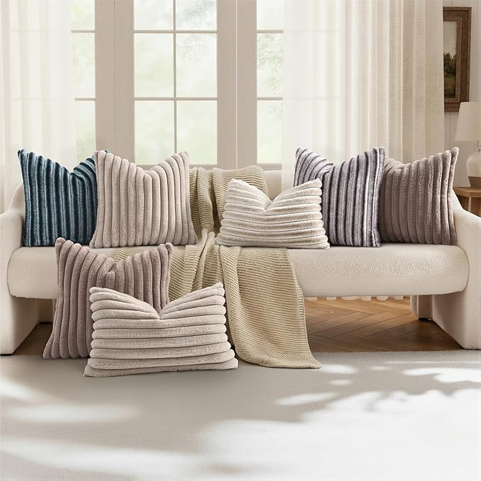 decorUhome Summer Cozy Faux Fur Throw Pillow Covers 20x20 Set of 2 Decorative Soft Plush Striped Modern Farmhouse Boho Couch Pillow Cases with Velvet Back for Sofa Bed Living Room, Beige White