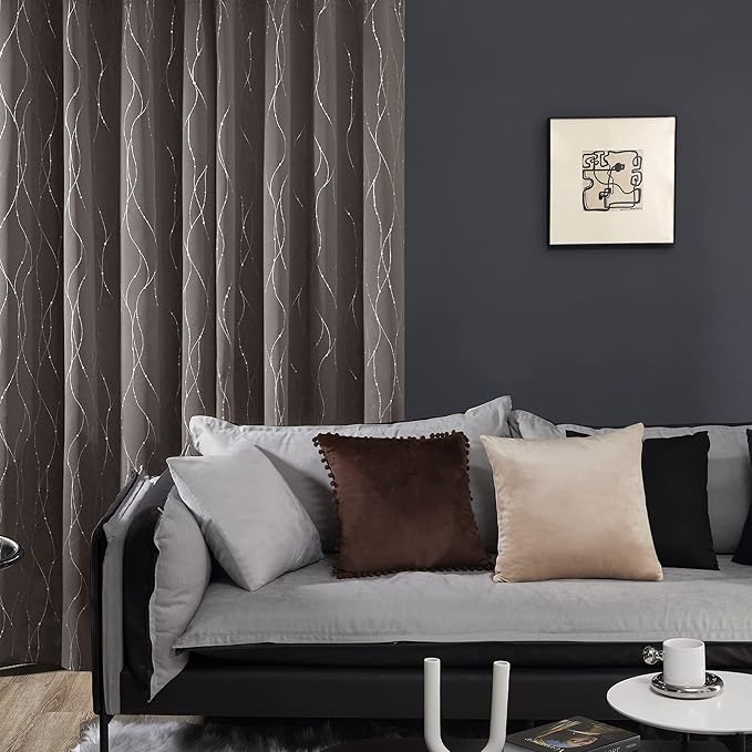 Deconovo Blackout Curtains, Thermal Insulaed Soundproof Drapes, Wave Dots Silver Print, 52 x 108 Inch Long, Set of 2, Machine Washable Window Panel for Sliding Door Bedroom Living Room Nursery, Taupe