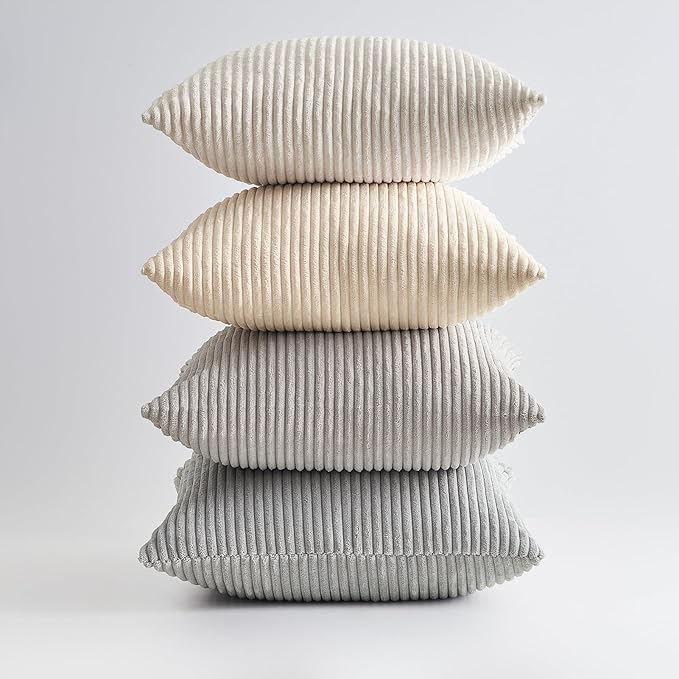 Topfinel 4 Packs Neutral Decorative Throw Pillows Covers 22x22 Inch for Living Room Couch Bed Sofa, Rustic Farmhouse Boho Neutral Home Decor, Soft Plush Striped Corduroy Square Cushion Case 55x55 cm