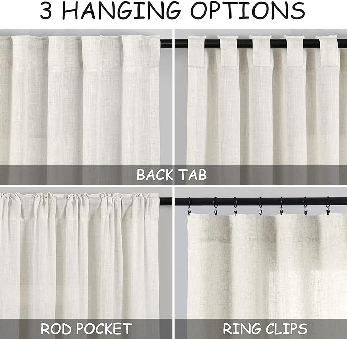 Nanspring Cream Linen Curtains 81 Inches Long for Bedroom Back Tab Light Filtering Privacy Sheer Curtains Modern Farmhouse Coastal Decor Cotton Textured Gauze Curtain for Bathroom 2 Panel Set 52x81