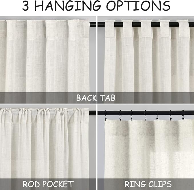 Nanspring Cream Semi Sheer Linen Curtains 88 Inch Length for Living Room Back Tab Rod Pocket Modern Farmhouse Coastal Decor Cotton Textured Gauze Curtains 73 Inches Long for Dining Room Office 52x88