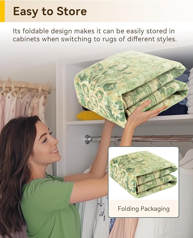 Area Rugs 7ft Washable Non-Slip, Floral Vintage Distress Print Pattern Medallion Carpet for Living Room Bedroom Dining Room, Sage Green Yellow