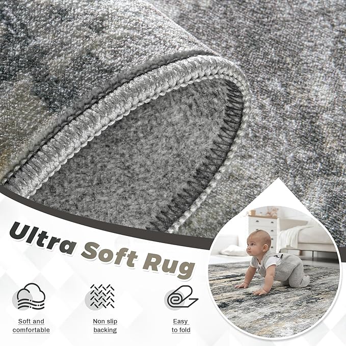 pmtsns Area Rugs 8x10 for Living Room: Washable Rug Modern Abstract Neutral Soft Non-Slip Low-Pile Indoor Large Carpet for Bedroom Dining Room Playroom Home Office (Black Grey Brown, 8'x10')