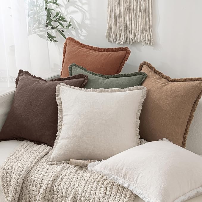 MIULEE Decorative Throw Pillow Covers Neutral Linen Fringe Throw Pillows Euro Shams Set of 2 Dark Brown Boho Farmhouse Cushion Covers for Couch Sofa Bed Living Room Spring Home Decor 22x22 Inch