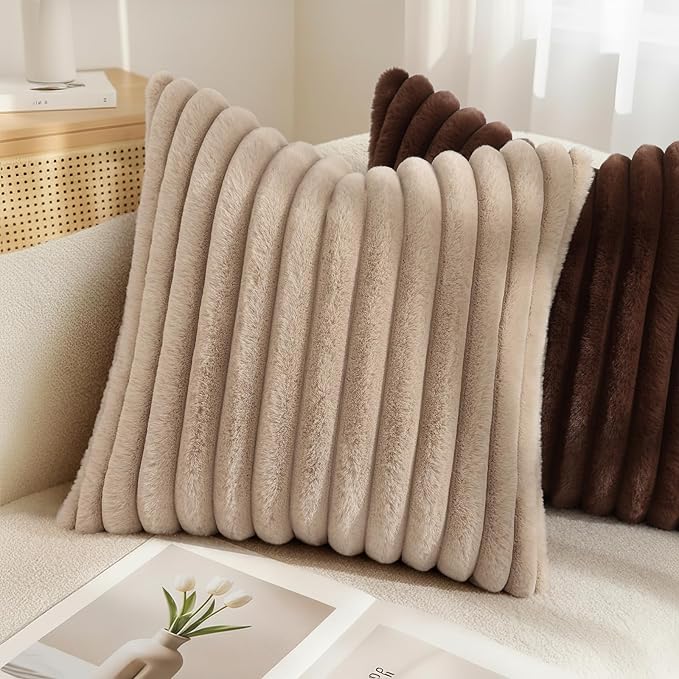 decorUhome Cozy Faux Fur Throw Pillow Covers 20x20 Set of 2 Decorative Soft Plush Striped Modern Farmhouse Boho Couch Pillow Cases with Velvet Back for Sofa Bed Living Room, Khaki Brown