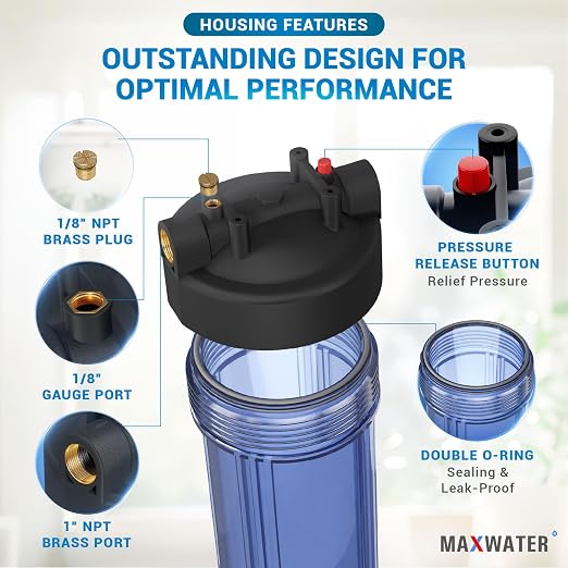 Max Water Whole House 20" x4.5" Purple Clear WH Water Filter Housing 1 inch - Image 3