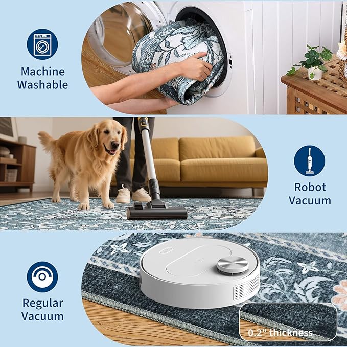 GarveeHome Misty Blue Botanical Grove 5ft Round Rug, Small Circle Vintage Cottagecore Soft Low-Pile Non-Slip Washable Rugs for Living Room Bedroom Nursery Kitchen Retro Carpet