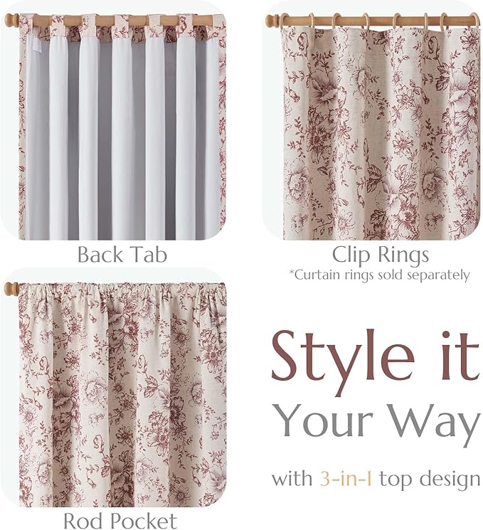 jinchan Blackout Floral Curtains for Living Room Bedroom Linen Blend Curtain Farmhouse Brick Red Printed with Lined Back Tab Rod Pocket Drapes Window Treatments 2 Panels 84 Inch