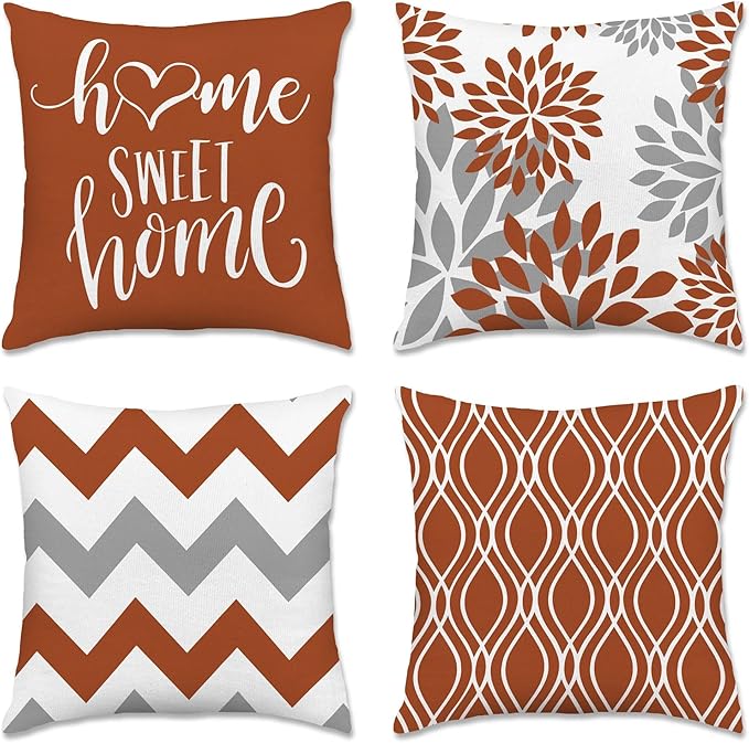 Hexagram Geometric Burnt Orange Pillow Covers 16x16 Set of 4, Decorative Outdoor Boho Modern Throw Pillow Covers, Home Sweet Home Farmhouse Cushion Case for Couch Sofa Bedroom Indoor Decor(No Insert)