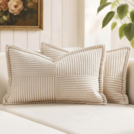 MIULEE Decorative Lumbar Throw Pillow Covers for Couch Bed Livingroom 12x24 Inch Set of 2 Beige Boho Accent Throw Pllows Broadside Striped Patchwork Soft Corduroy Pillowcases