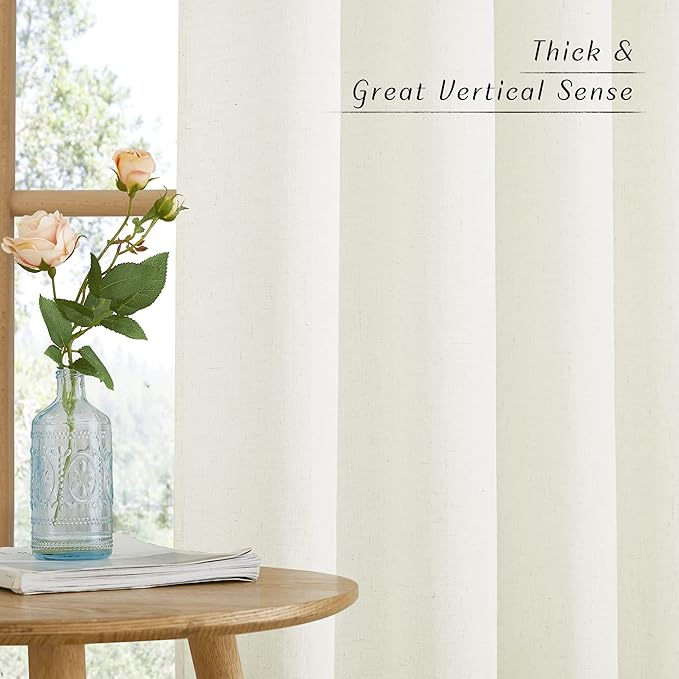 NICETOWN Off White Curtains Linen Blend for Bedroom, Vintage Grommet Thick Flax Semi Sheer Privacy Added Window Treatment Light Filtering for Flat/Apartment, 55" W x 72" L, 2 Panels