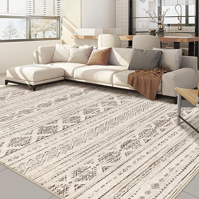 Nakagishi 10x12 Area Rugs Living Room: Washable Boho Large Neutral Soft Farmhouse Rug Stain Resistant Modern Moroccan Non-Slip Indoor Carpet for Bedroom Nursery Kids Office Dining Room - Dark Brown