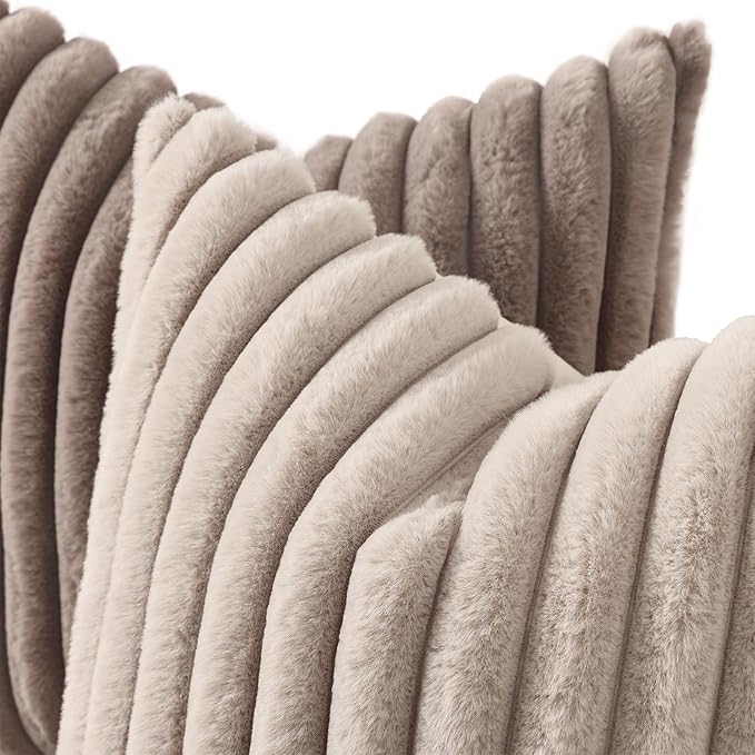 decorUhome Cozy Faux Fur Throw Pillow Covers 22x22 Set of 2 Decorative Soft Plush Striped Modern Farmhouse Boho Couch Euro Sham Pillow Cases with Velvet Back for Sofa Bed Living Roomr, Light Coffee