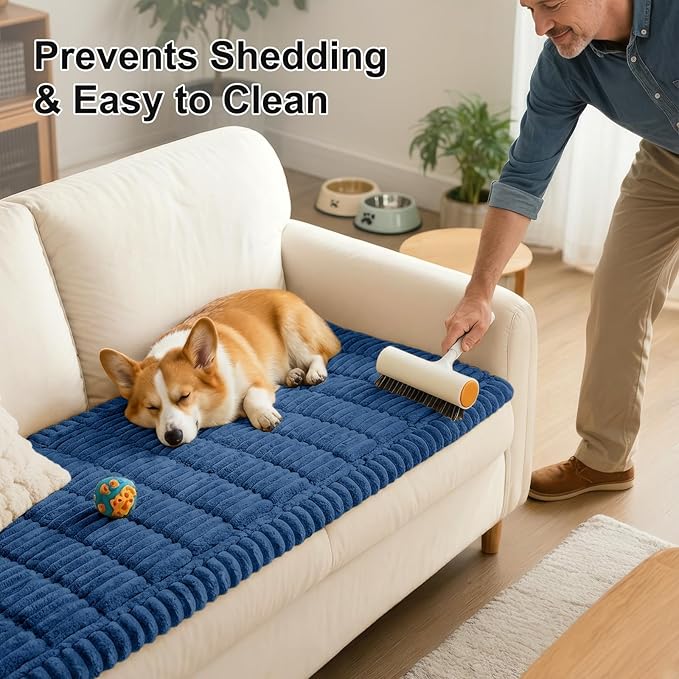 Smiry Couch Cover for Dogs Washable, Non Slip Fuzzy Pet Couch Covers for 3 Cushion Sofa Pet Friendly, Thick Soft Sofa Slipcovers Cushion Protector (Navy Blue, 27.6" x 27.6")