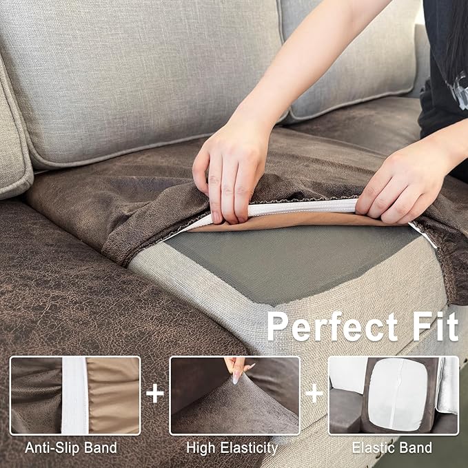 Leather Look Couch Cushion Covers Sofa Seat Slipcovers Sets Couches Furniture Protector for Sectional Armchair Loveseat Pets Kids Stretch Spandex Fabric (1 Cushion Loveseat, Light Brown)