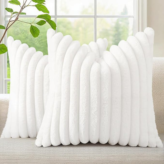 decorUhome Summer Cozy Faux Fur Throw Pillow Covers 16x16 Set of 2 Decorative Soft Plush Striped Modern Farmhouse Boho Couch Pillow Cases with Velvet Back for Sofa Bed Living Room, White