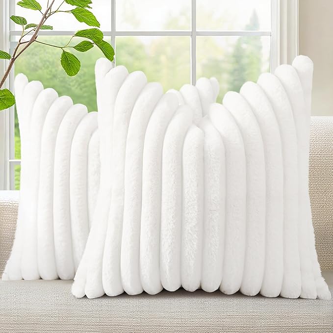 decorUhome Summer Cozy Faux Fur Throw Pillow Covers 24x24 Set of 2 Decorative Soft Plush Striped Modern Farmhouse Boho Couch Euro Sham Pillow Cases with Velvet Back for Sofa Bed Living Room, White