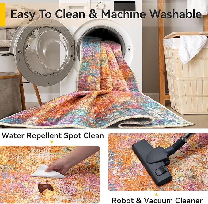 Washable Area Rugs 5'x7' Non-Slip Modern Abstract Soft for Living Room Entryway Bedroom Nursery, Print Pattern, Orange Blue Pink Yellow Colorful