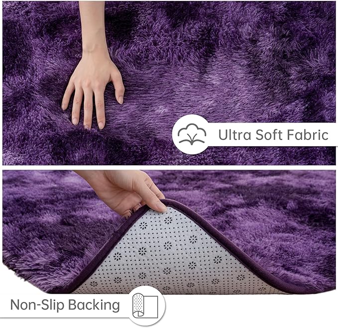 Goideal Fluffy Rug for Bedroom Living Room, 3x5 Purple Area Rugs, Faux Fur Shag Modern Carpet Ultra Soft Girls Boys Room Home Decor, Tie-Dyed