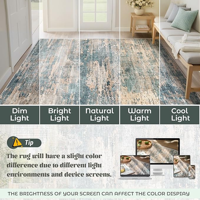 6x9 Area Rugs for Living Room, Washable Modern Abstract Large Area Rug Neutral Soft Non Slip Kids Rug Stain Resistant Indoor Carpet for Bedroom Nursery Dining Room Playroom(GreenBrown, 6'x9')