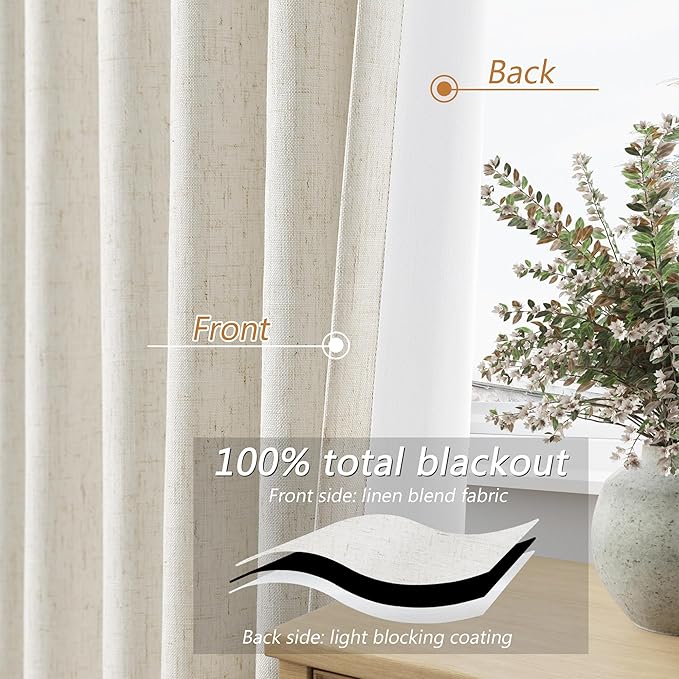 Guken Cream 100% Blackout Linen Curtains 126 Inch Length 2 Panels Set for Living Room Bedroom Back Tab Rod Pocket Thermal Insulated Black Out Drapes Room Darkening Window Curtains 52x126